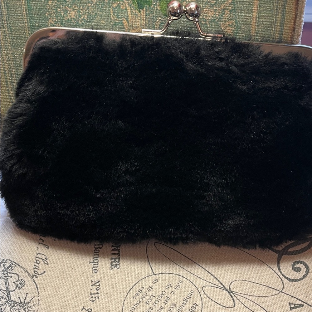 BlackVintage  Faux Fur Frame Clutch with Silver chain strap